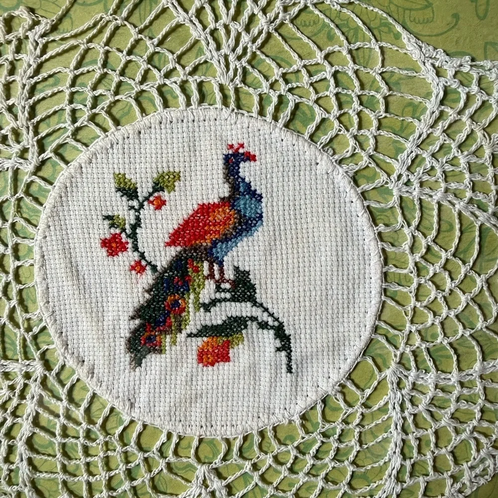 Framed Vintage Peacock Embroidery Art